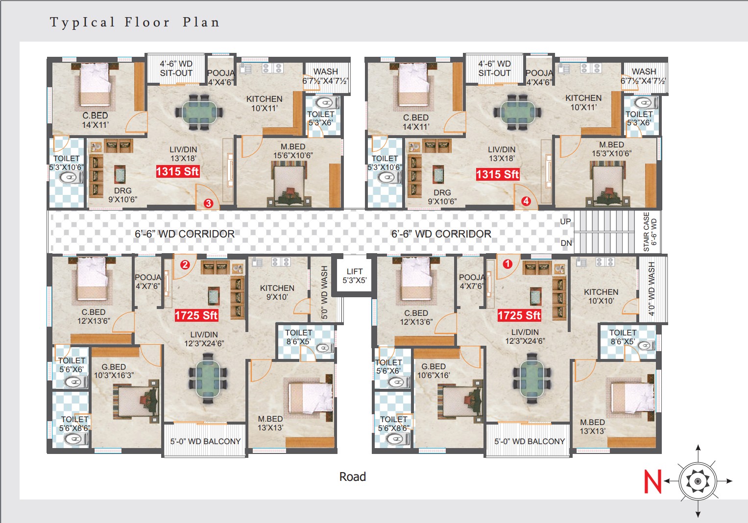 Grace Classic typical floor plan — 2 BHK 1315 sft and 3 BHK 1725 sft